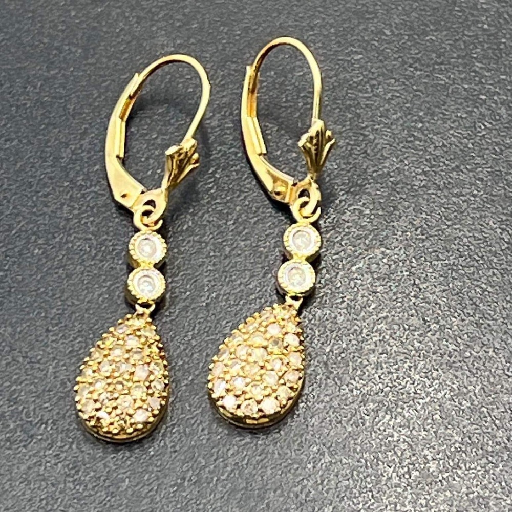 Mexico Signed 14K Yellow Gold Clear Champagne Diamond Dangle Drop Earrings 2.6g